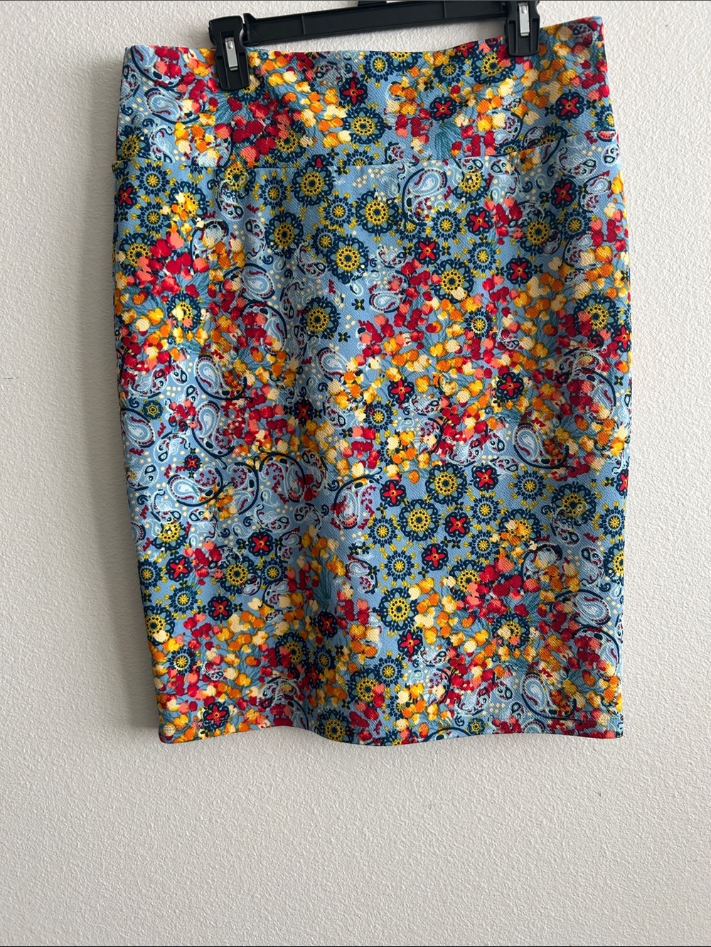 LuLaRoe Floral Paisley Pencil Skirt in Light Blue, Yellow, Red